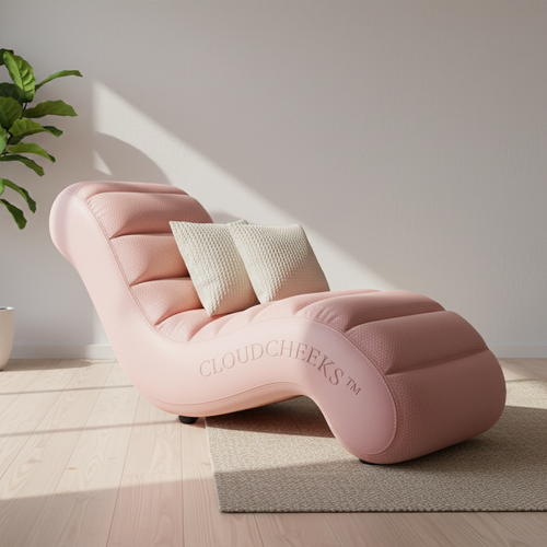CloudCheeks Cirrus Lounger in Baby Pink - Premium inflatable lounger with CloudCheeks branding in a modern living room setting